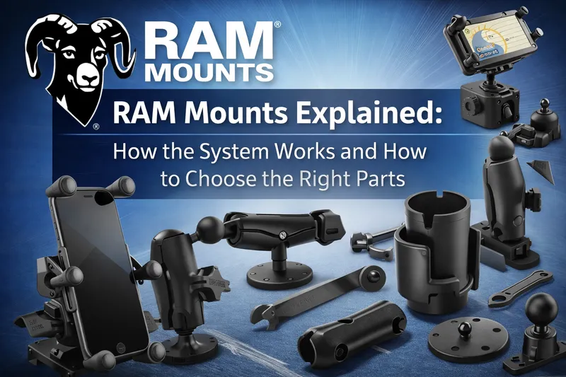 RAM Mount system components including base, arm, and device holder