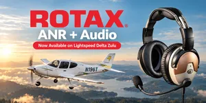 Rotax ANR and audio profile banner with a Lightspeed Delta Zulu headset beside a Cirrus trainer in flight